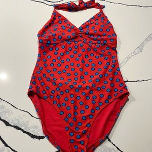 Old Navy one piece swimsuit in red with blue dots.